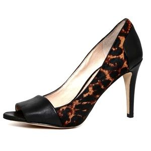 Louise et Cie black leather and animal print peep toe pumps, size 8